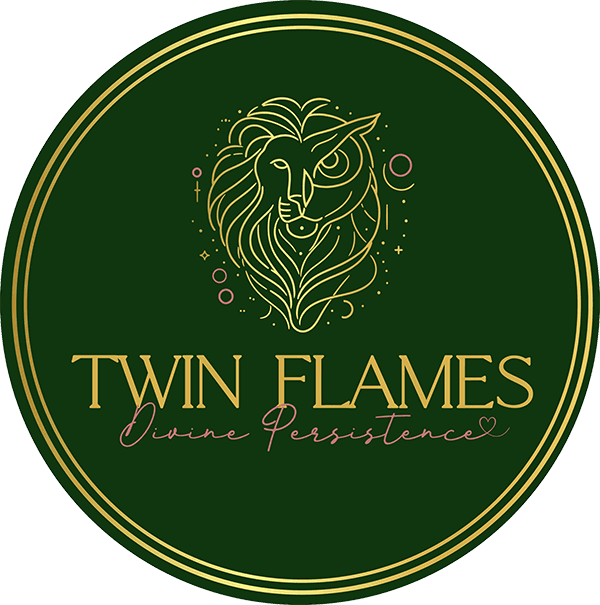 The Logo of Twin Flames Divine Persistence featuring a golden mix of lion and owl with the words 'Twin Flames Divine Persistence' underneath.